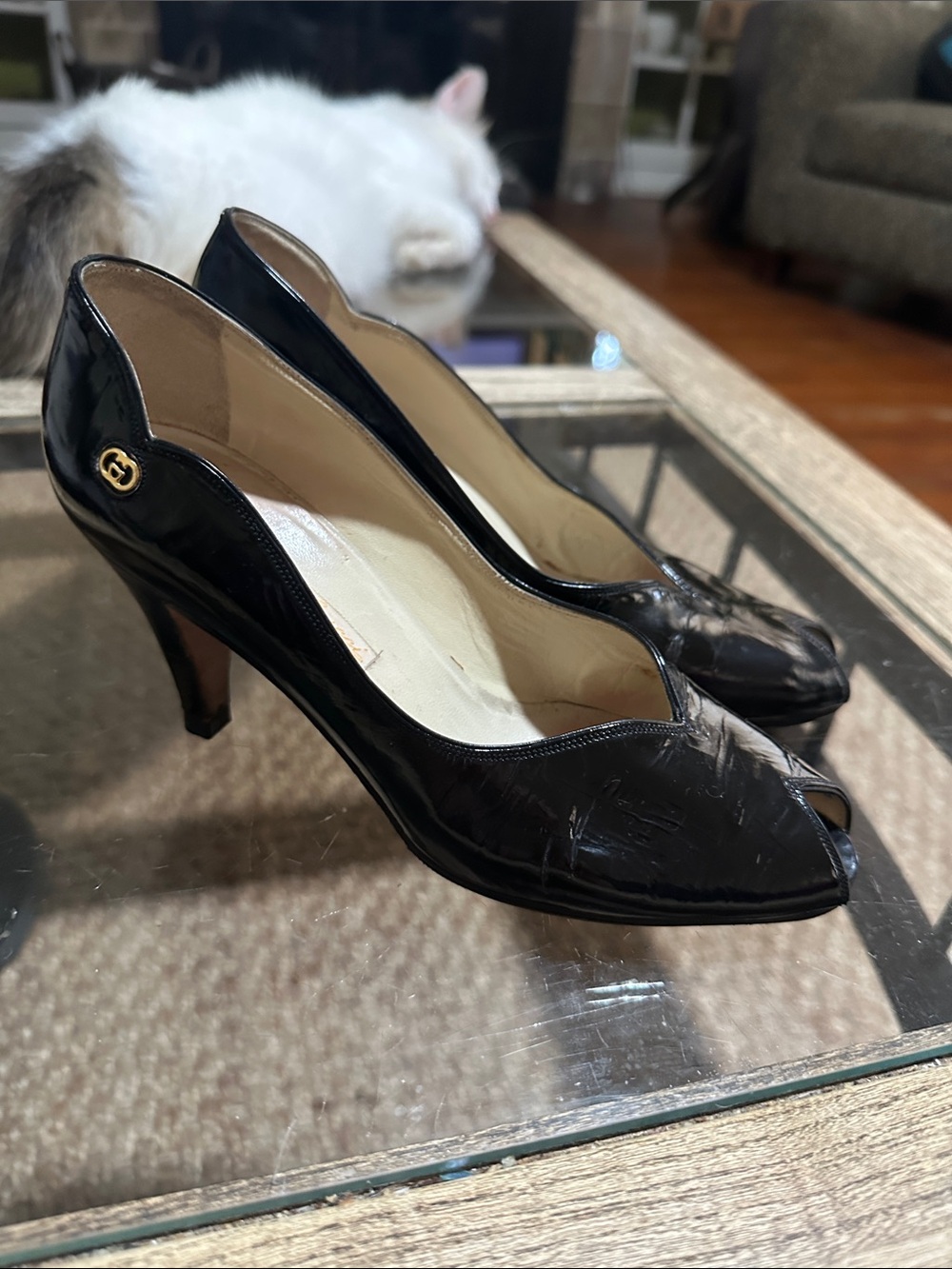 Authentic Gucci Black Patent Leather Peep-Toe Scalloped Heels